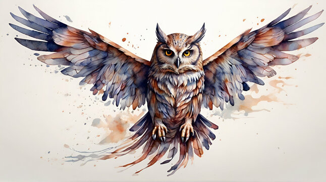 Watercolor flying owl created with Generative AI tecno