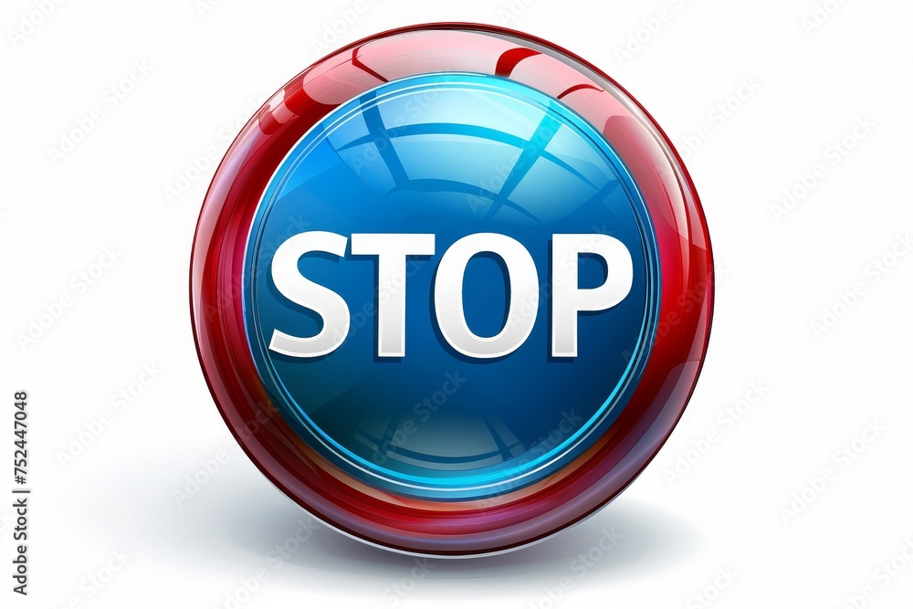 Poster bright red stop button isolated on a pure white background for attention grabbing design concepts
