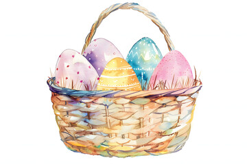 Watercolor picture of Easter eggs in a woven wooden basket.