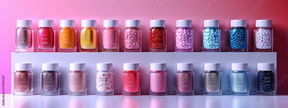 Poster shelf filled with various colored bottles