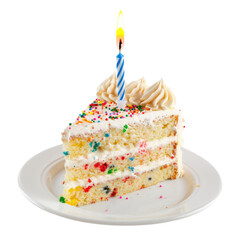 Confetti Birthday Cake Slice with Lit Candle PNG, Transparent Image without background, Concept of celebration and festive desserts