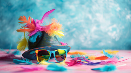 a hat and sunglasses with feathers