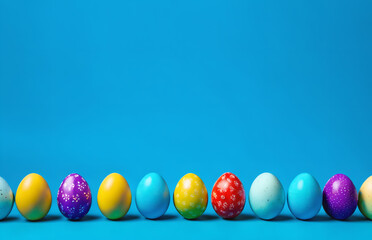 Row of easter painted eggs on blue background.