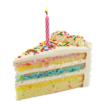 Confetti Birthday Cake Slice with Lit Candle PNG, Transparent Image without background, Concept of celebration and festive desserts