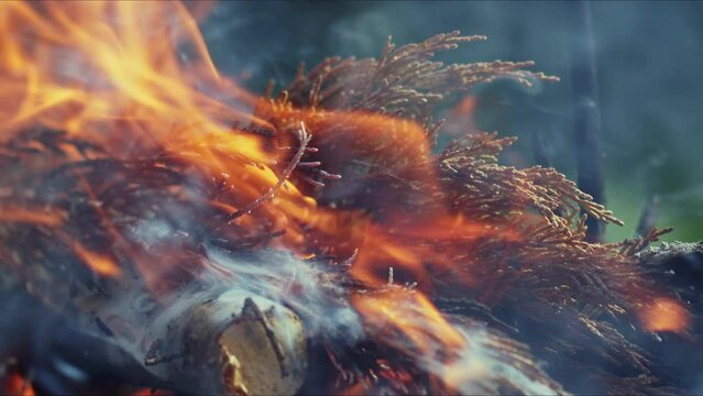 Abstract Oak Wood Bonfire in Flames Smoke and Ashes