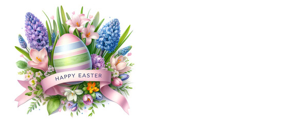 Happy Easter background isolated on white background. A festive greeting with an egg, flowers and an inscription. Space for text, banner