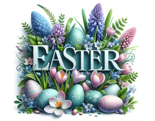 Happy Easter background isolated on white background. A festive greeting with an egg, flowers and an inscription