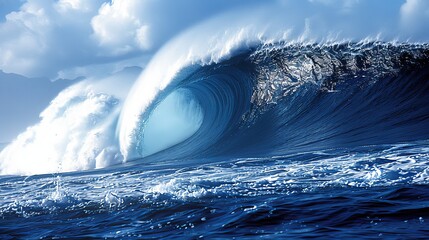 Colossal ocean wave against clear blue sky in side view perspective, majestic and awe inspiring