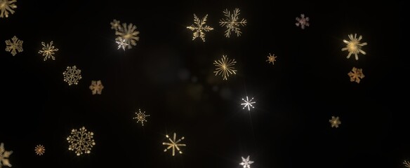 golden openwork shiny snowflakes, star, 3D rendering.