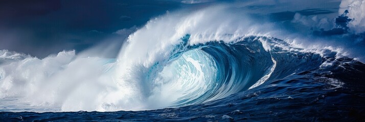 Gigantic ocean wave rising dramatically under a serene blue sky in a breathtaking side view
