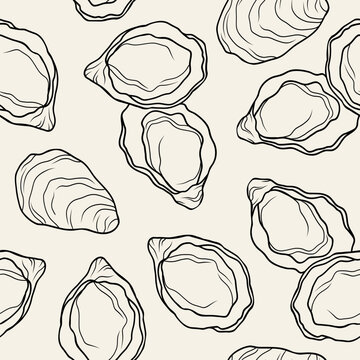 Line art oysters seamless pattern. Seafood illustration