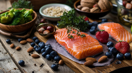 a piece of salmon with berries and nuts on a wooden surface
