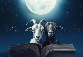 eid al fitr poster with image of a goat and lamb, in the style of book art installations, dark sky-blue and dark white, sony alpha a1, avocadopunk