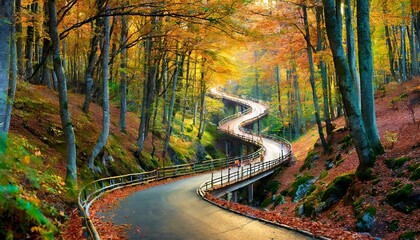 Nature's Roller Coaster: Surreal Road Twists Through Vibrant Autumn Forest