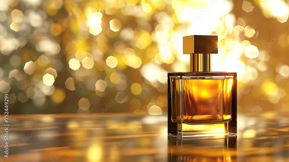 Poster a luxurious 3d mockup of a perfume bottle on a shimmering gold background, featuring an empty space 