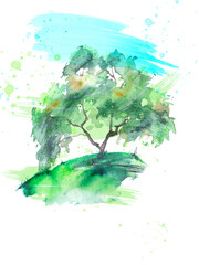 Green tree watercolor on white background. Red, pink sun. Eclipse . Green bush, apple tree, cherry. Spring garden. Ecological drawing, logo, sticker. Summer landscape. Abstract splash of green paint