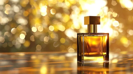 Fotobehang A luxurious 3D mockup of a perfume bottle on a shimmering gold background, featuring an empty space on the label for personalized branding or messaging. © AQ Arts