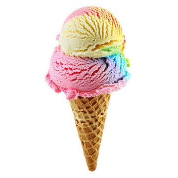Rainbow Sherbet Ice Cream Scoop in Waffle Cone PNG, Transparent Image without background, Concept of summer treats and colorful desserts