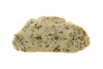 Home made crunchy tasty snack healthy bread slice isolated background. Macro closeup.