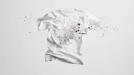 White T-shirt with splattered dirt on white background .