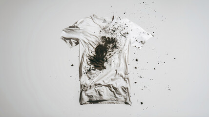 White T-shirt with splattered dirt on white background .