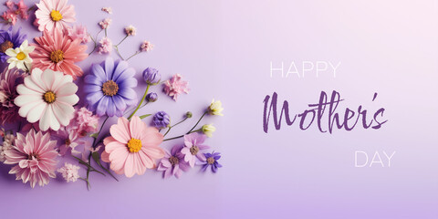 Beautiful flowers on lilac background. Mother's Day Greeting banner.