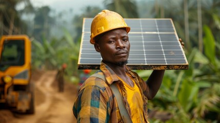 Worker Carrying Solar Panel in Rural Setting