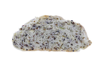 Handmade organic baked crust fresh bread slice isolated background. Macro closeup.