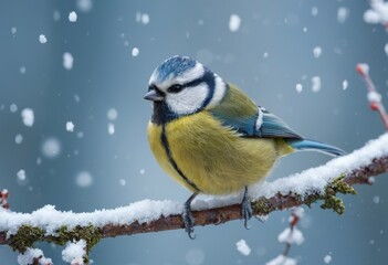 A blue and yellow bird tit is perched on a branch covered in snow. Concept of tranquility and peacefulness, as the bird is alone and undisturbed in its natural habitat