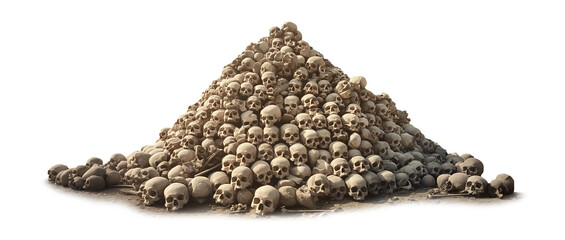 Pile of human skulls. Transparent background PNG. Pen tool cutout. Horror concept. Halloween season decoration. Stacked skulls in a large pile of bones. Forgotten ancient graveyard.  - obrazy, fototapety, plakaty