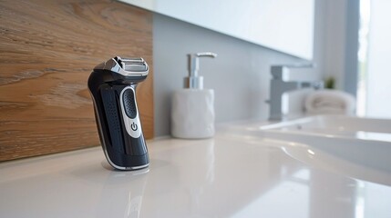 A compact electric shaver placed on a white bathroom countertop, designed for effortless grooming and shaving. - obrazy, fototapety, plakaty
