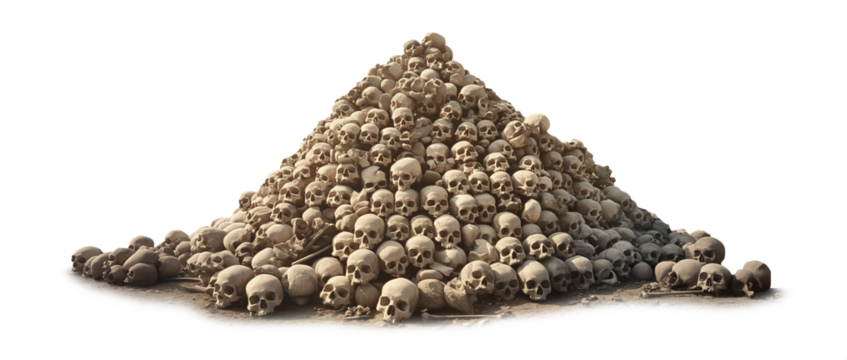 Pile of human skulls. Transparent background PNG. Pen tool cutout. Horror concept. Halloween season decoration. Stacked skulls in a large pile of bones. Forgotten ancient graveyard. 