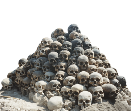 Pile of human skulls. Transparent background PNG. Pen tool cutout. Horror concept. Halloween season decoration. Stacked skulls in a large pile of bones. Large pile of bones. Shallow grave. 