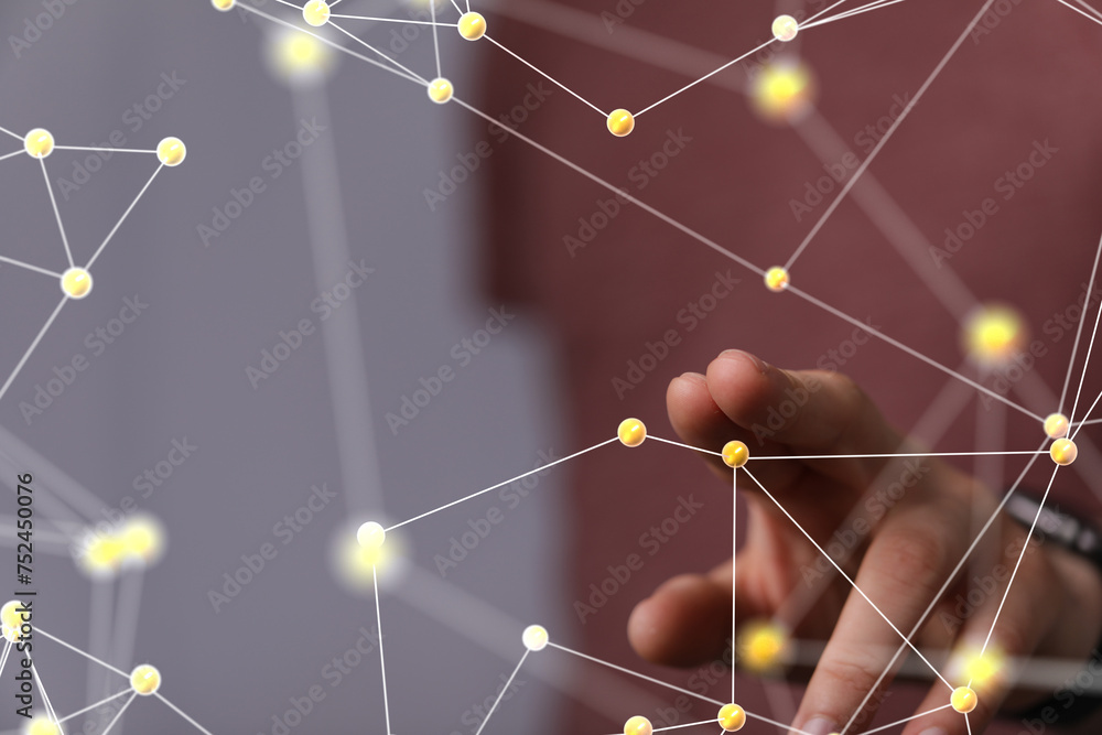 Poster a man pressing button. innovation technology internet business concept. space for text.
