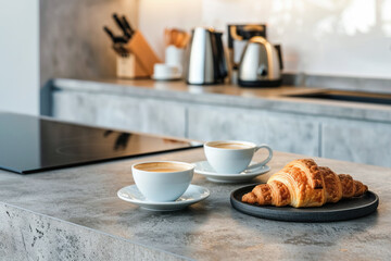 A detail of the kitchen countertop with two cups of coffee and a croissant in the foreground. Breakfast theme