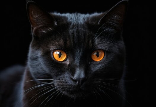 A black cat with orange eyes is staring at the camera. The cat's eyes are large and bright, giving it a mysterious and captivating appearance. The black fur of the cat contrasts with the orange eyes