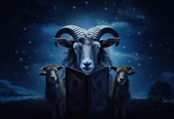 eid al fitr poster with image of a goat and lamb, in the style of book art installations, dark sky-blue and dark white, sony alpha a1, avocadopunk - obrazy, fototapety, plakaty