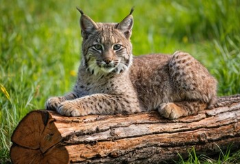 A young wild bobcat lynx cat is laying on a log in a grassy field. The bobcat is looking at the camera with a curious expression.