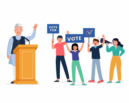 Group of people walking with voting banners to elections concept of election campaign voting theme for new candidate vector illustration