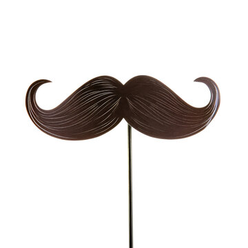Curled Brown Mustache on a Stick Party Prop PNG, Transparent Image without background, Concept of costume accessory and playful disguise