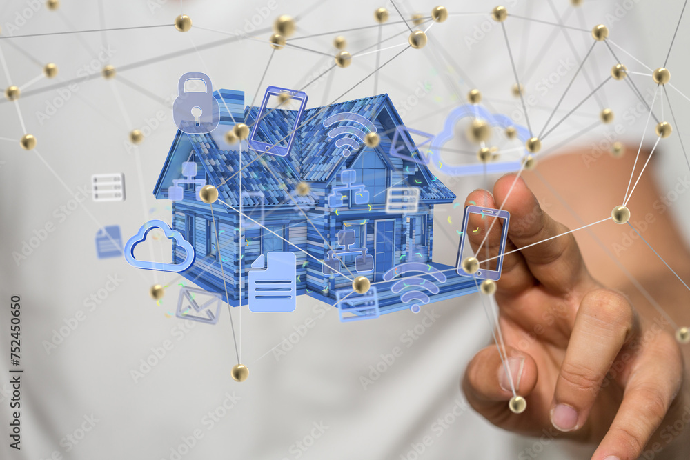 Poster home data. Digital cyberspace with particles and Digital data network connections concept.