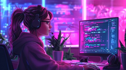 Programmer Debugging Code in a Vibrant Tech Environment: In the Illuminated Ambiance of a Tech Space, a Dedicated Programmer Engages