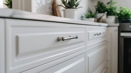 Detail of the kitchen interior: close-up of the cabinet handle. Demonstration of the quality of kitchen furniture and fittings