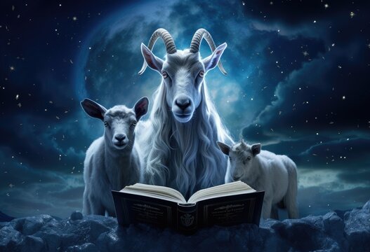 eid al fitr poster with image of a goat and lamb, in the style of book art installations, dark sky-blue and dark white, sony alpha a1, avocadopunk