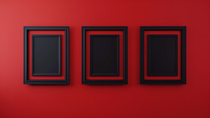 A minimalist 3D wall frame mockup in matte black against a dramatic red velvet backdrop, providing a theatrical space for showcasing bold typography or dramatic artwork.