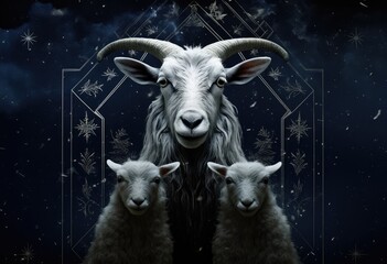 eid al fitr poster with image of a goat and lamb, in the style of book art installations, dark sky-blue and dark white, sony alpha a1, avocadopunk