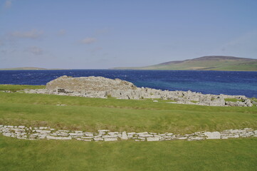 The Broch of Gurness, an Iron Age broch village on the northeast coast of Mainland Orkney in Scotland overlooking Eynhallow Sound
