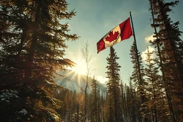 Poster Canadian flag on a high pole among the forest against the backdrop of mountains and the sun. Generated by artificial intelligence © Vovmar