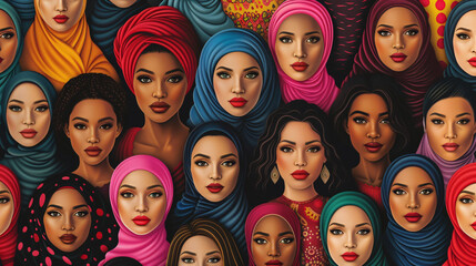 a group of women with headscarves - obrazy, fototapety, plakaty