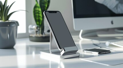 A shiny silver smartphone holder placed on a clean white surface, providing a convenient charging station.